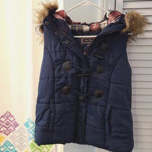Modcloth Plaid Navy Fur Hood Vest